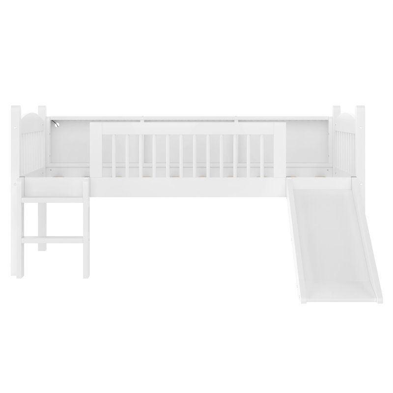 Lit mezzanine bas en bois avec tablettes, éclairage DEL, échelle et garde-corps, Lit simple, Blanc