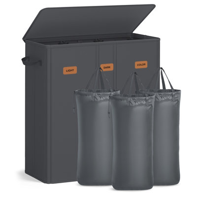 3-Section Laundry Basket, 42.2-Gallon (160 L) Laundry Sorter With Labels, Lid, Removable Fabric Bags
