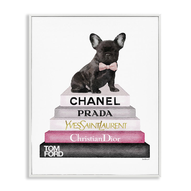 «Book Stack Fashion French Bulldog», impression, Giclée encadrée blanc bord de mer, H 11 po x l 14 po