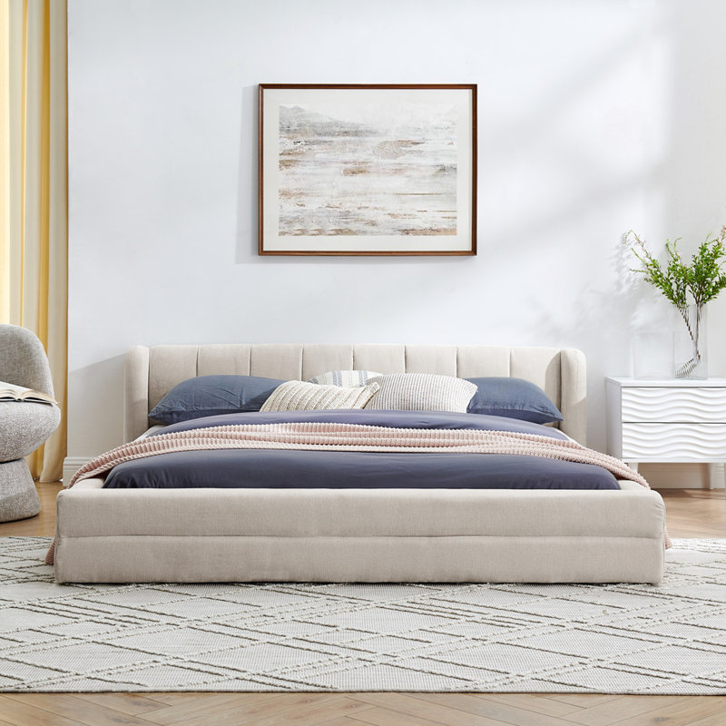 Queen Size Upholstered Bed Frame, Beige
