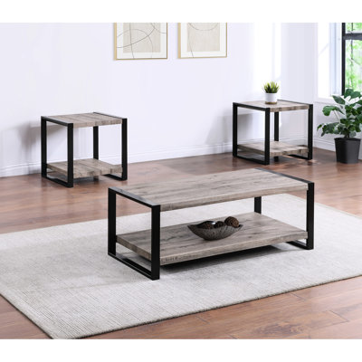 Rustic Brown Black 3Pc Cocktail Table - Rectangular Coffee & Square End Tables, Contemporary Wooden Furniture For Home Living Area Use Modern And Finish,