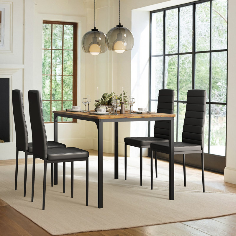 4-Person Solid Wood Dining Table Set with Leather-Trim Chairs and Space-Saving Design, Beige