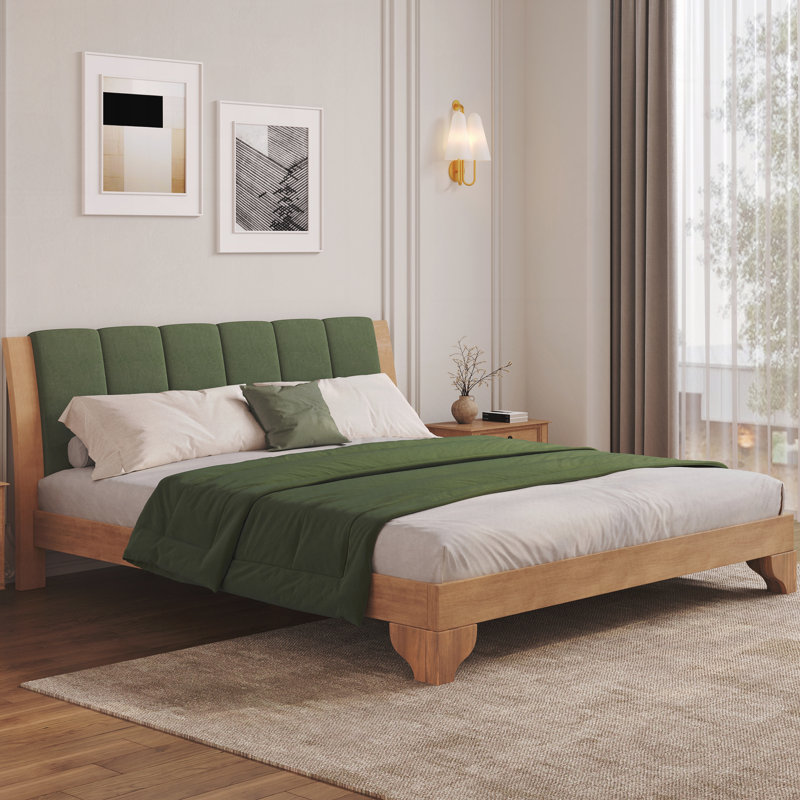 Cadre de lit moderne avec tête de lit, Vert / Naturel, Très grand lit