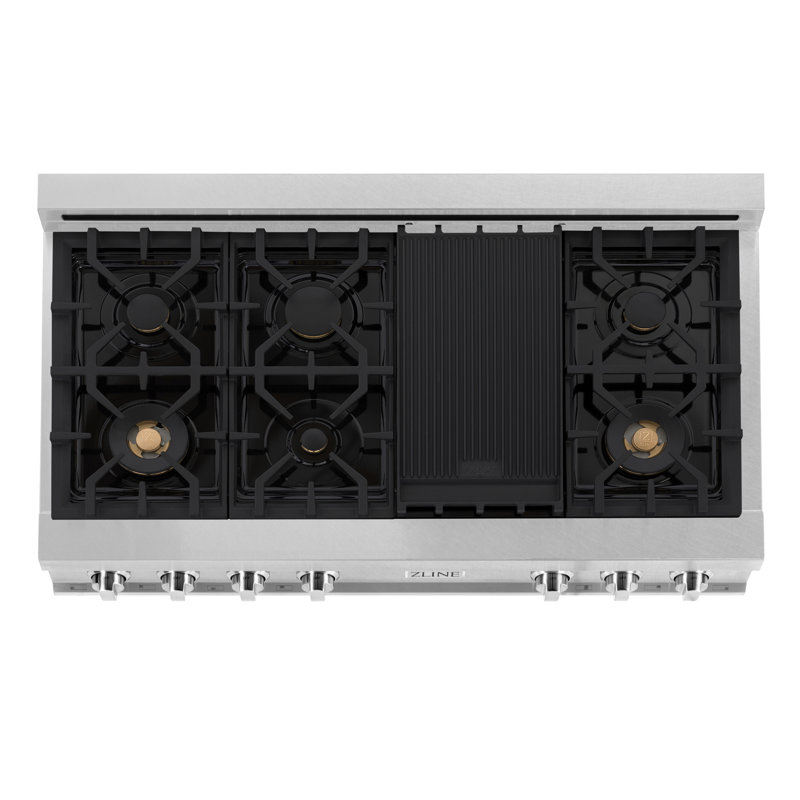 ZLINE 48" Porcelain Gas Stovetop in Fingerprint Resistant with 7 Gas Burners and Griddle, Stainless Steel/Brass Burners