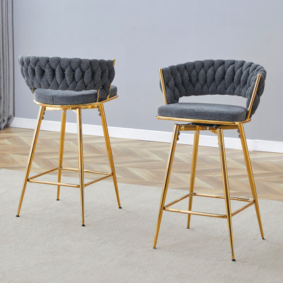 Two-Piece Rotating Swivel Chair, Dark Gray Cotton And Linen Soft Seat, Golden Metal Legs, Rust-Proof And Wear-Resistant, Suitable For Restaurant/Bar High Tables, Lightweight Single Unit