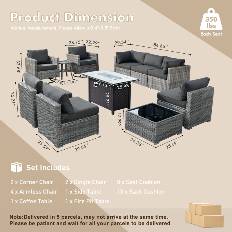 Habibah Premium All-Weather Wicker 9 - Person Patio Conversation Set with Cushions, Black
