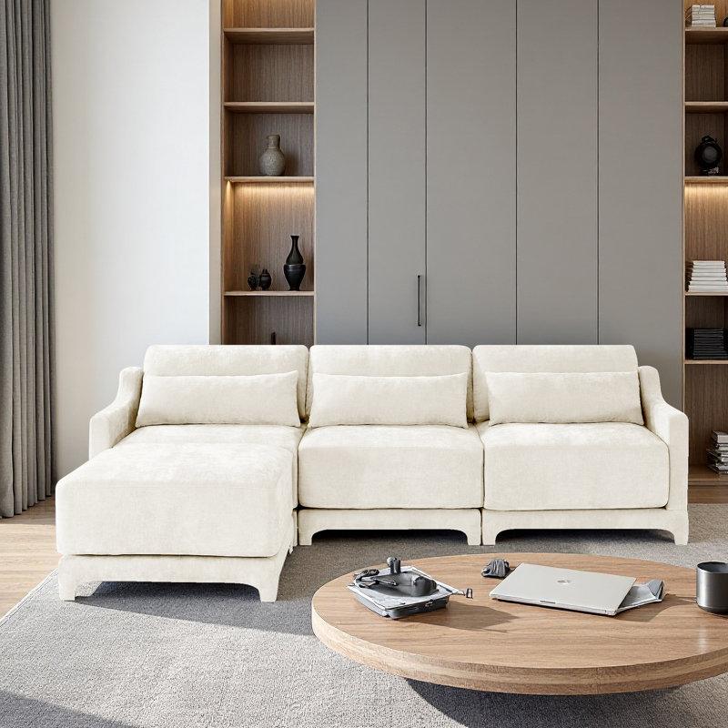 3 Seater Chenille Sofa,l Shape Sofa With Two Movable Ottomans,high-quality Wood Base,for Living Rooms, Studies, Beige