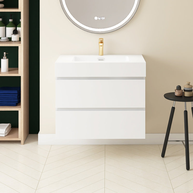 Louka 29.9'' Single Bathroom Vanity with Quartz Top, White, White