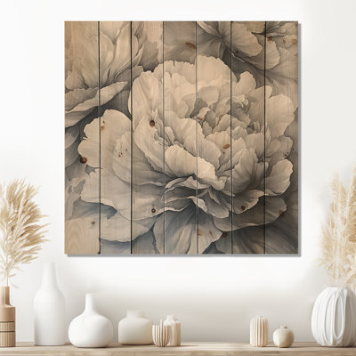 Peonies In Monochrome Layers II - Peonies Wood Wall Decor - On Natural Pine Wood