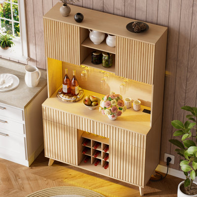70" Tall Wine Bar Cabinet With Storage Hutch, Led Lights & Power Outlets, Wine & Glass Rack, Wood Fluted Drawers And Cabinets
