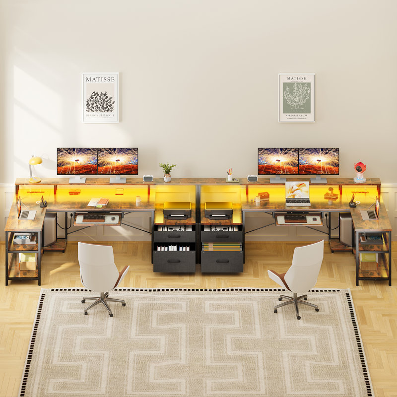 Sholpan LED L-Shaped Desk with Cabinet with Power Outlets, 35" H x 67.8" W x 39.4" D, Brown/Black