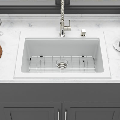 White Workstation 30X22" Kitchen Sink Drop - In, Granite Composite, Non Scratch, Quiet And , Protects Hands, Package With Drying Roll Up Rack Strainers Assembly Smooth Surface, Reduces Dirt, Bottom