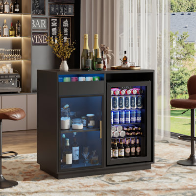 Helmetta 39.4" Coffee Bar Cabinet With 126-can Beverage Refrigerator Included, Modern Wine Bar Cabinet With Glass Door And Drawer, Black
