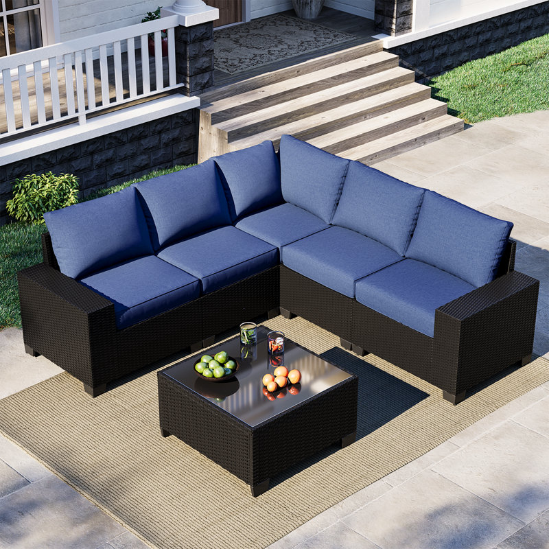 Ensemble de meubles de patio 6 pièces, avec coussins et table basse en verre, ensemble de canapé modulaire en osier de rotin Pe