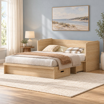 Queen Murphy Bed with Mattress & Usb Charging Station & Storage Drawers,Natural Wood Color
