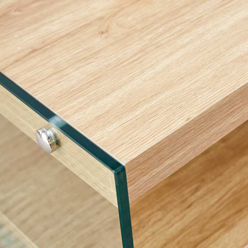 Three-Tier Side Table And Bunk Coffee Table Set. The Board Is Made Of MDF With  Stickers And Clear Tempered Glass On Both Sides. The Design Is Simple And Elegant, With Powerful Storage Function