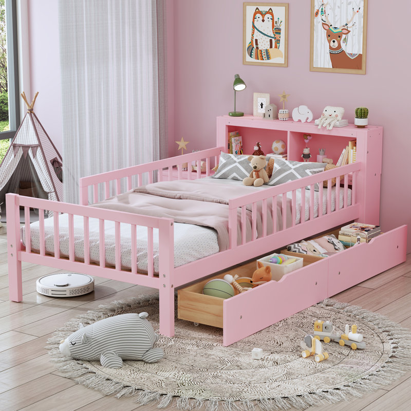 Lit plateforme simple avec support de rangement pour tête de lit, 2 tiroirs sous le lit, 3 garde-corps latéraux pour la sûreté et la sécurité, rose