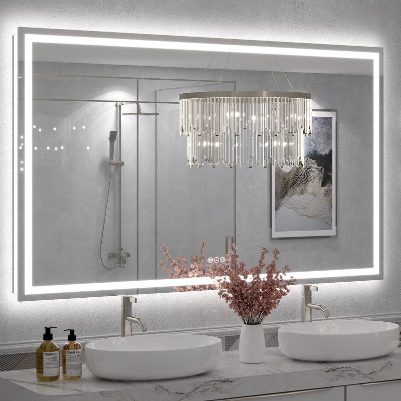 Molly Framelss or Framed LED Anti-Fog Tempered Glass Wall Bathroom Vanity Mirror - UL Certified, 60" x 36", Clear