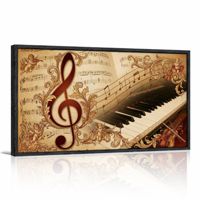 Red Treble Clef and Piano Keys Vintage Sheet Music Style Canvas Wall Art
