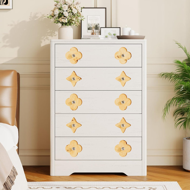 Dresser for Bedroom, Tall Dresser for Closet with Decorative Drawer Front Boho Large Clothes Storage Cabinet, White
