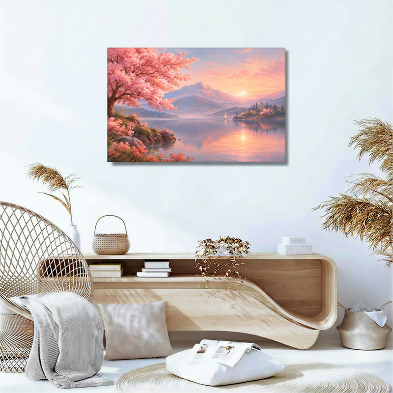 «Pink Blossom Tree and Mountain Lake At Sunset», art mural sur toile, 24"H x 36"W