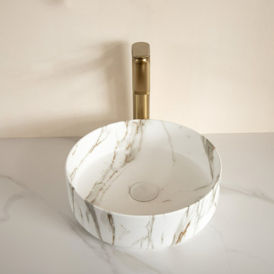 14.2" Round Vessel Bathroom Sink, White Ceramic With Gold Marble Pattern, Vessel Mount