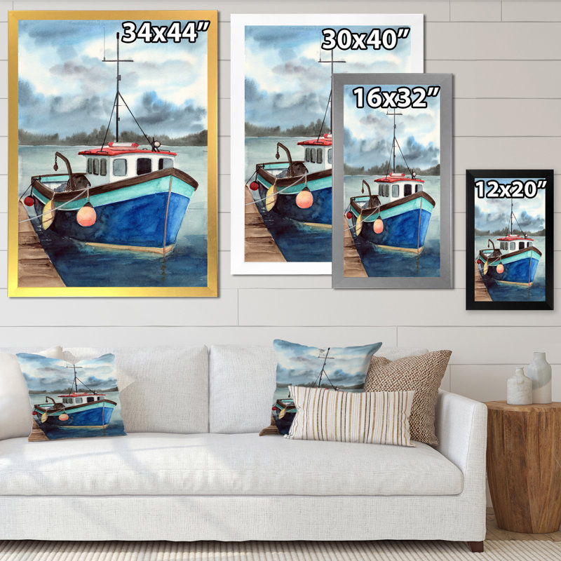 Bateau de pêche bleu avec toit rouge dans le port - reproduction sur toile, H 40 po x l 30 po x P 1,5 po, Cadre photo argenté