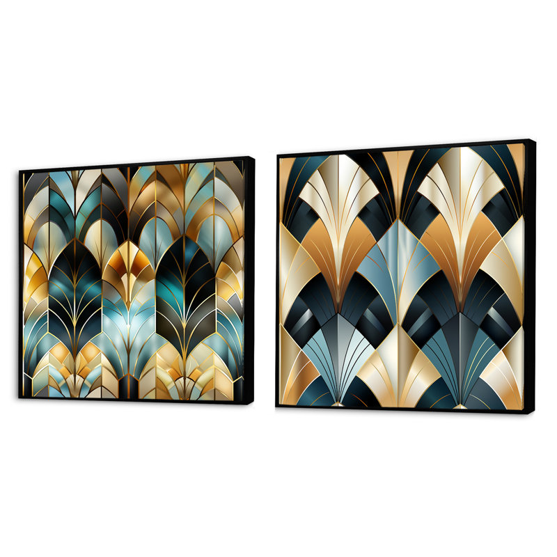 Motif de géométrie dorée et grise des années 1970 - ensemble de 2 collages carrés de formes abstraites, Cadre flottant noir