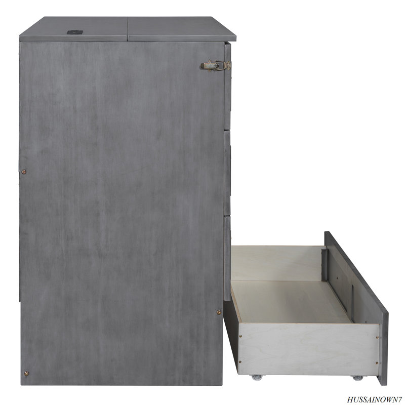 Murphy Bed With Large Drawers, Gray, Full