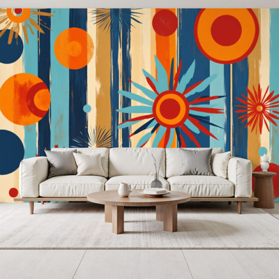 Peel and Stick Wallpaper Colorful Abstract Art Bold Stripes Geometric Floral Shapes Wall Murals 69"H x 96"W Removable PVC Wall Paper Self-Adhesive Wall Decor for Bedroom Living Room Home Office
