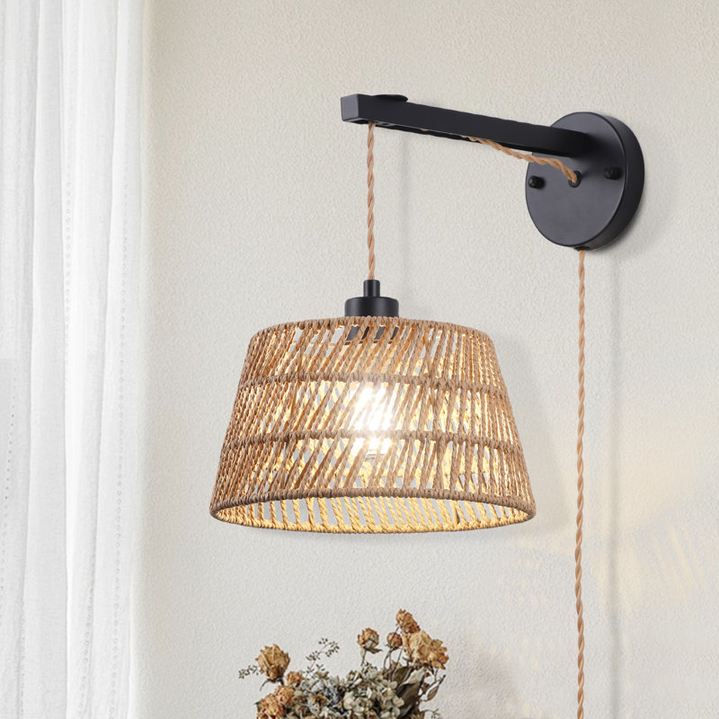 Elena Rattan Plug-in Swing Arm Sconce with Bulb Included