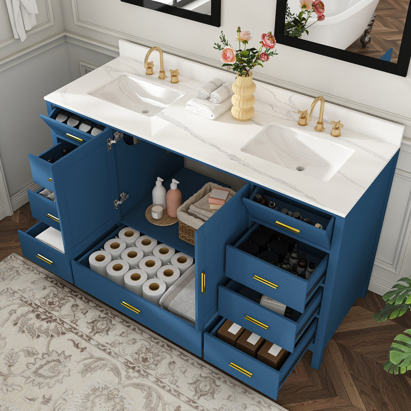 Meuble-lavabo en bois massif 60 po avec 2 lavabos 60 po