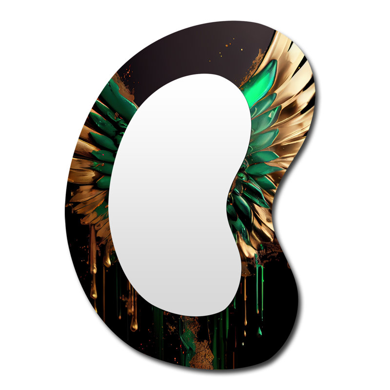 Ettari Green And Gold Angel Wings I - Wings Angel Unique Shape Decorative Wall Mirror, Gold Freeform Large Mirror, Printed Metal Art