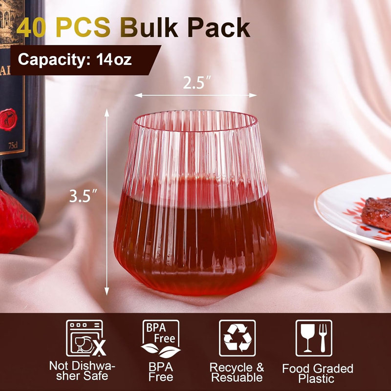 40-Piece 14 oz Pink Plastic Wine Glasses