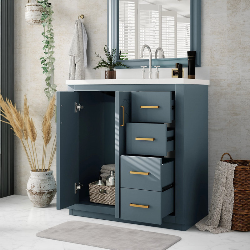 Meuble-lavabo autoportant avec lavabo en céramique, structure en bois massif, 3 tiroirs, portes à fermeture en douceur, 30"
