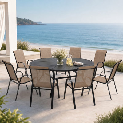 Boatwright 8-Person Round Patio Dining Set With Stackable Textilene Chairs
