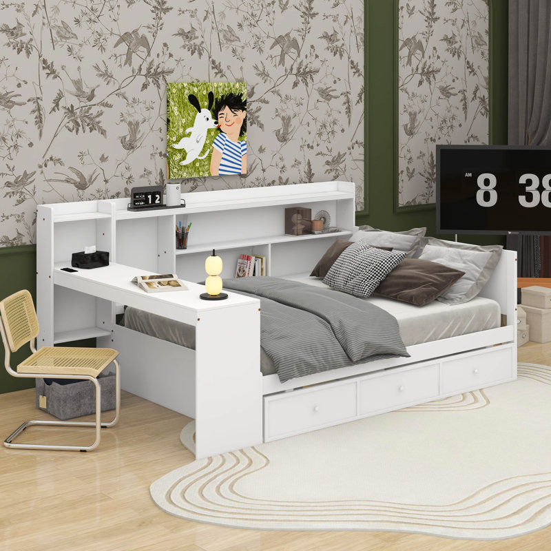 Full Size Wooden Daybed With Drawers, USB Ports And Desk, White
