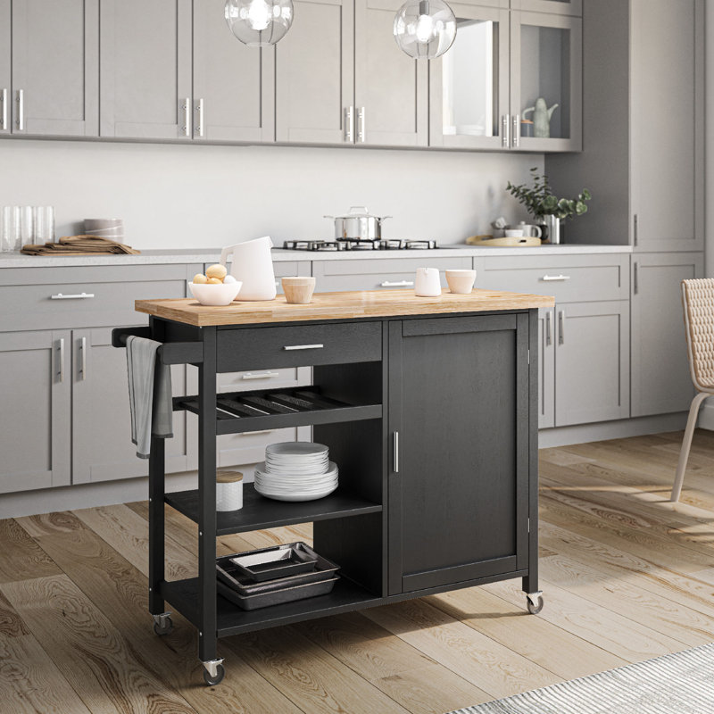 Chariot de cuisine en bois massif Domenique, Noir