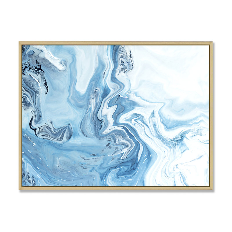 White And Blue Marble Waves - Painting on Canvas, Maple Framed, 16" H x 32" W