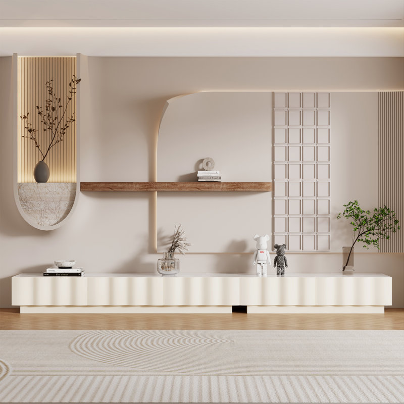 Meuble télé 120 po Dupin Modern avec 5 tiroirs, console média blanche et plateau en pierre frittée brillante