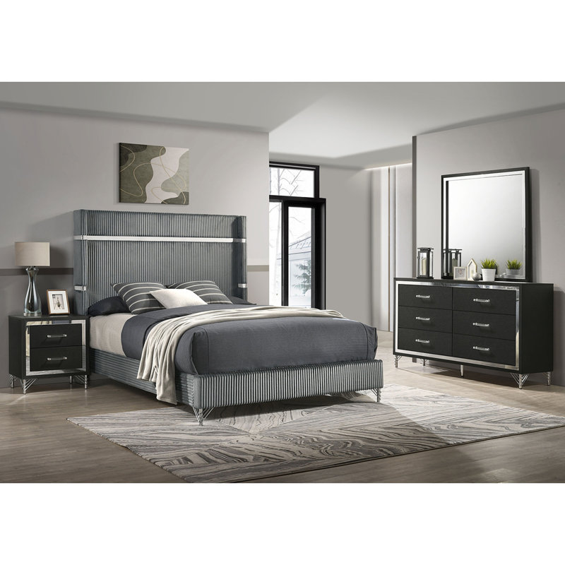 Ensemble de chambre pour grand lit 4 pièces Malcolm, Gris / Noir, Grand lit