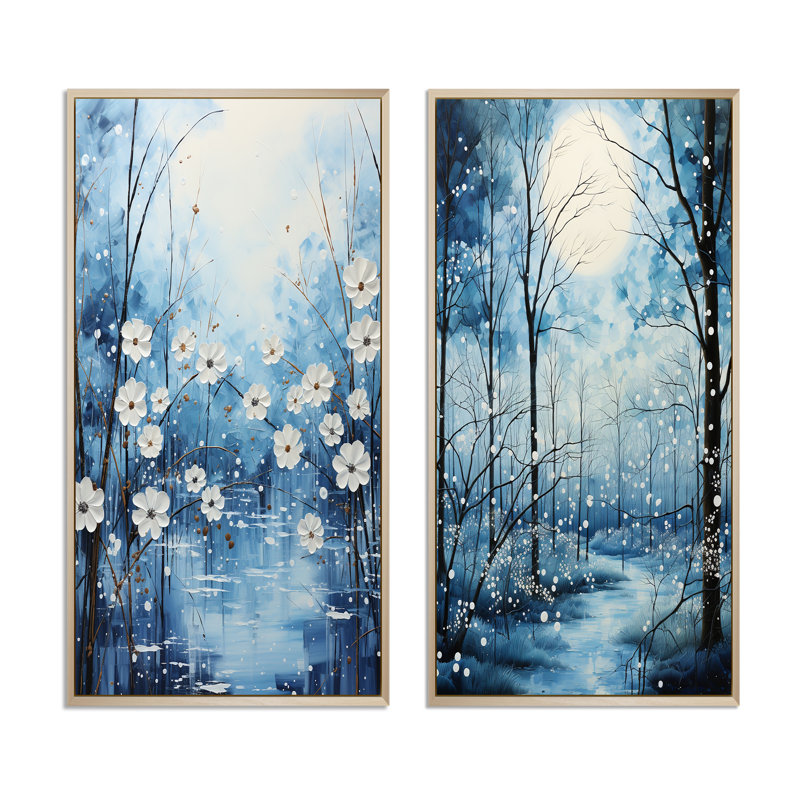 «Winters Flowers Embrace Pointillism», 2 pièces, H 40 po x l 40 po, Encadrement brun