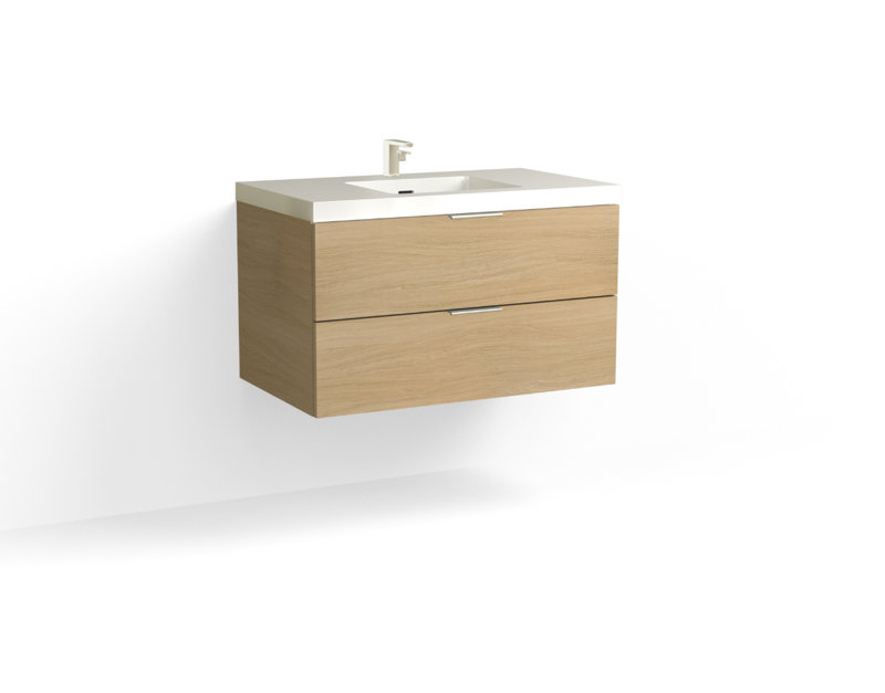 Avila 36" W Wall Mounted Single Bathroom Vanity, Glossy White/8" Widespread, Biondo, Satin Brass