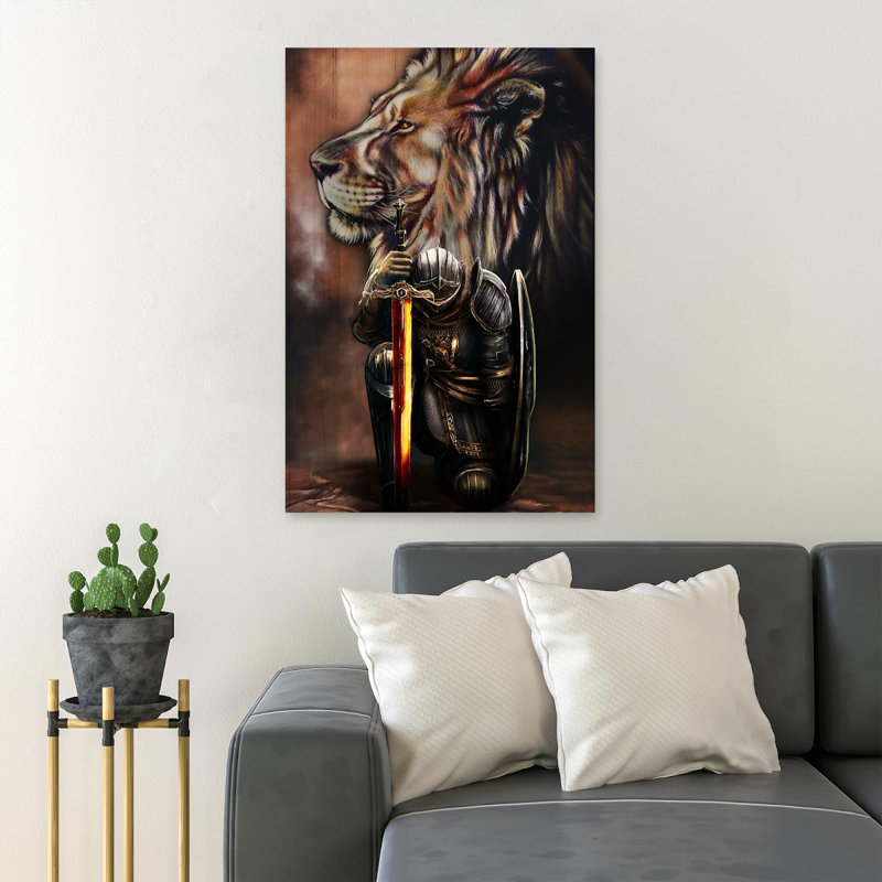 «Night Knight On One Knee And Lion», œuvre d'art graphique rectangulaire sur toile tendue, H 14 po x l 11 po x P 2 po