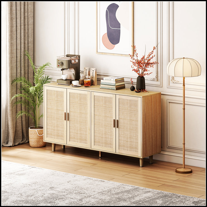 Armoire de rangement élégante et fonctionnelle en rotin à 4 portes avec tablettes réglables pour une organisation améliorée