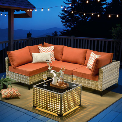 Emroy 4 - Person Outdoor Wicker Sectional Seating Group with Lighted Coffee Table, Modern Modular Rattan Conversation Set with Cushions
