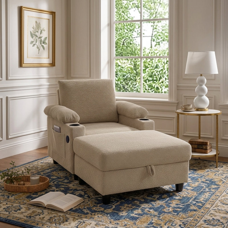Havenly Reclining Indoor Chaise Lounge, Accent Chair and Ottoman Footrest, Camel