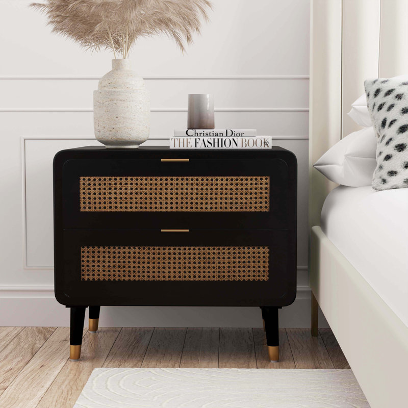 68.6cm W Acacia,MDF,Metal,Natural Cane Bedside Table