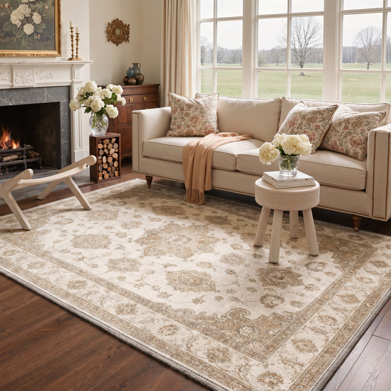 Tapis traditionnel ivoire / beige Performance à poils courts et antidérapant traditionnel, Rectangle 6' x 9'