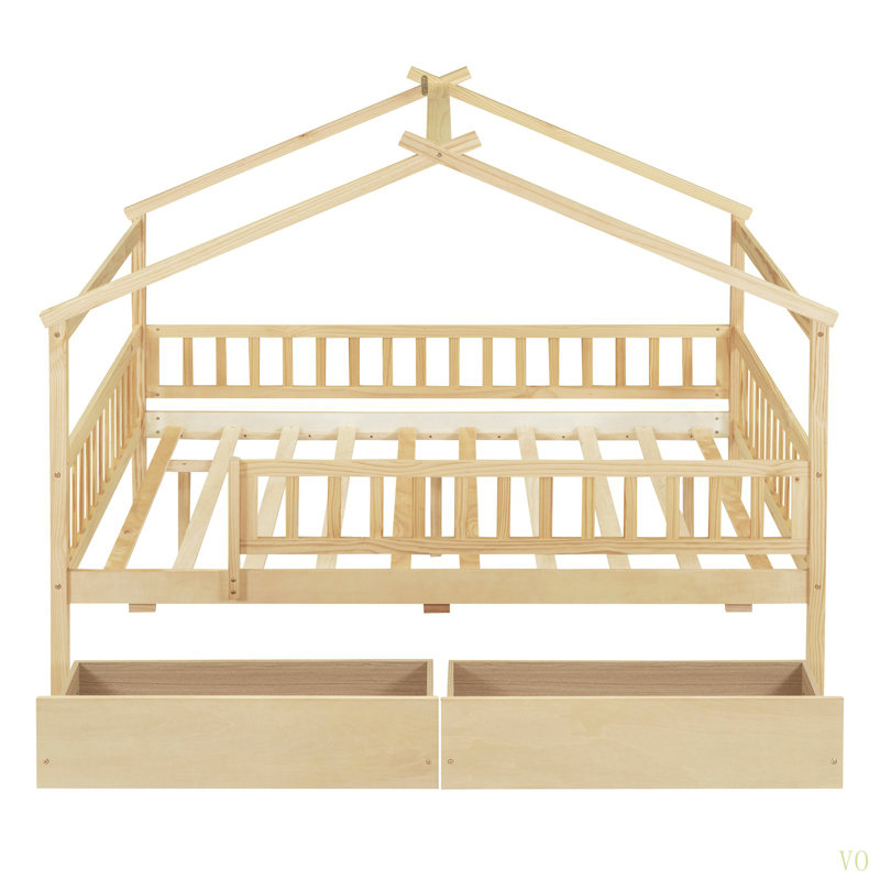 Lit en bois avec deux tiroirs, Brun